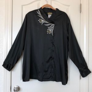 Bob Mackie Woman’s 3X Black Embroidered Blouse Long Sleeve Button Up